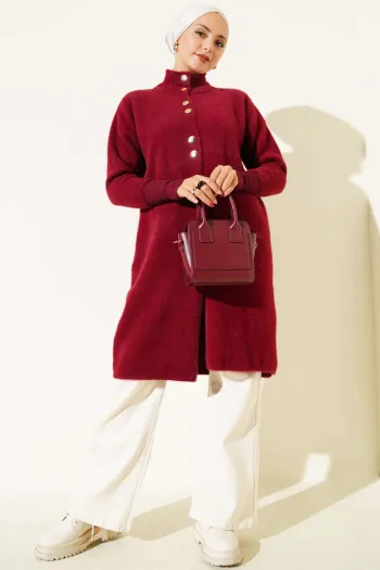 كارديجان محبوك بورجوندي مزود بأزرار معدنية