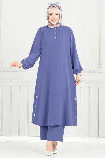 Slit Buttoned Hijab Suit Light Indigo