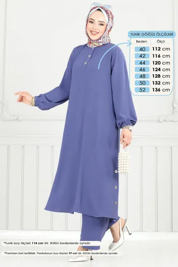 Slit Buttoned Hijab Suit Light Indigo