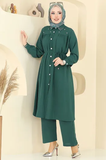 Pearl-Collar Hijab Suit Emerald
