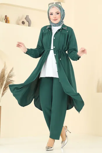 Pearl-Collar Hijab Suit Emerald