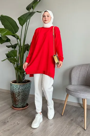 Basic Red Knit Tunic with Openings