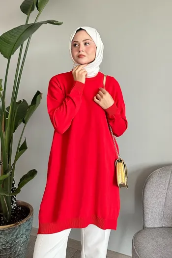 Basic Red Knit Tunic with Openings