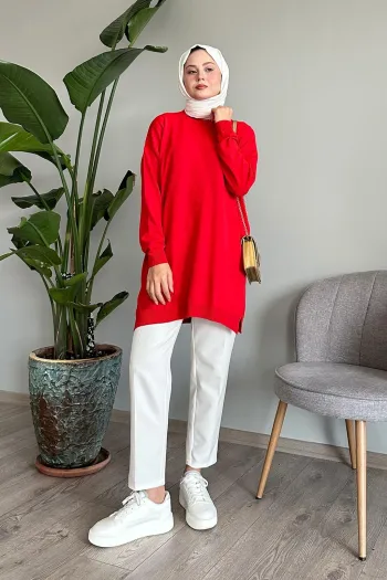 Basic Red Knit Tunic with Openings