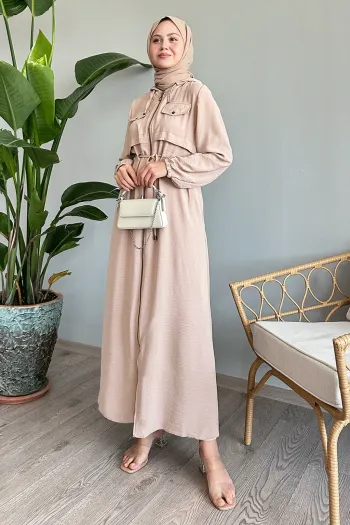 Beige Ayrobin Cape with Two Practical Pockets and Adjustable Drawstring