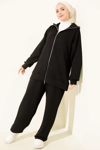 Zippered Basic Two-Piece Set in Black