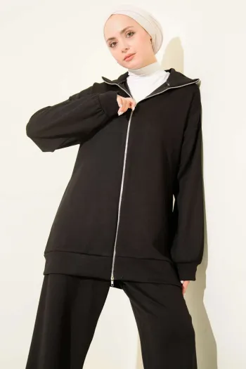 Zippered Basic Two-Piece Set in Black