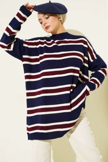 تونيك صوف أساسي بتفاصيل خطوط - أزرق بحري