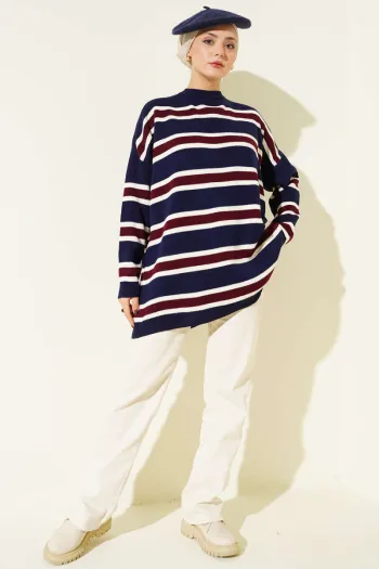 تونيك صوف أساسي بتفاصيل خطوط - أزرق بحري