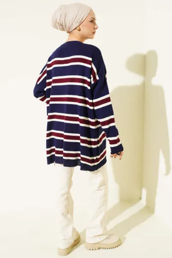 تونيك صوف أساسي بتفاصيل خطوط - أزرق بحري