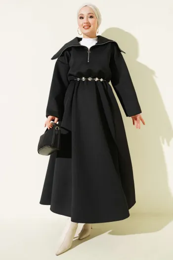 فستان سكوبر بسحاب نصف رقبة - أسود