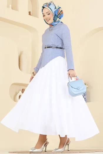 طقم تنورة مكون من قطعتين مع حزام - أزرق