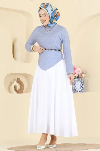 طقم تنورة مكون من قطعتين مع حزام - أزرق