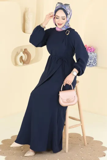 فستان مزين بحزام ومشبك - كحلي