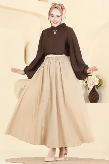 تنورة متوسطة الطول بخصر مرن وطيّات رؤية