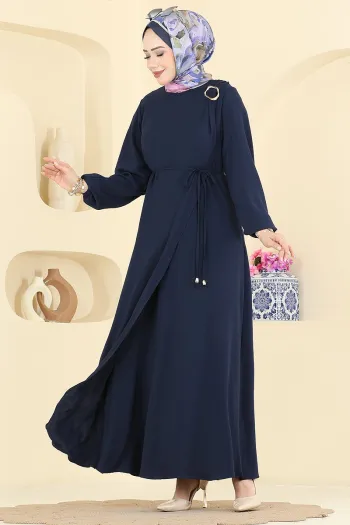 فستان مزين بحزام ومشبك - كحلي