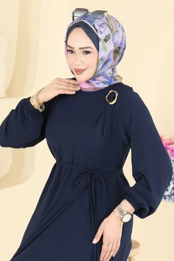 فستان مزين بحزام ومشبك - كحلي