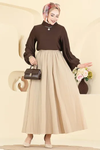 تنورة متوسطة الطول بخصر مرن وطيّات رؤية