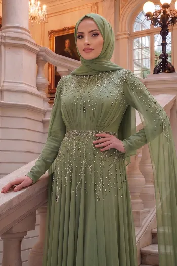 فستان سهرة شيفون بتفاصيل حجرية - أخضر مائل للرمادي