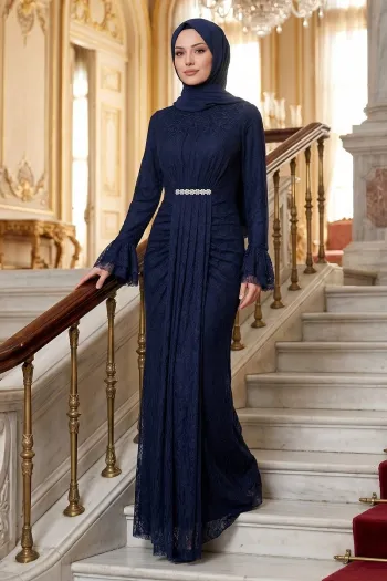 Ruffled Lace Evening Dress - Navy Blue