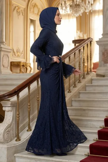 Ruffled Lace Evening Dress - Navy Blue