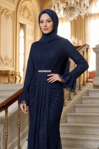 Ruffled Lace Evening Dress - Navy Blue