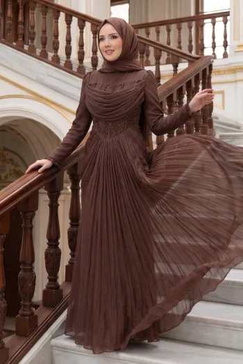 Korsesi Pleated Satin Evening Dress in Coffee