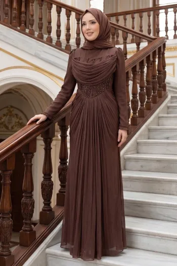 Korsesi Pleated Satin Evening Dress in Coffee