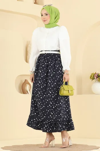 Large Polka Dot Detailed Jessika Skirt Navy