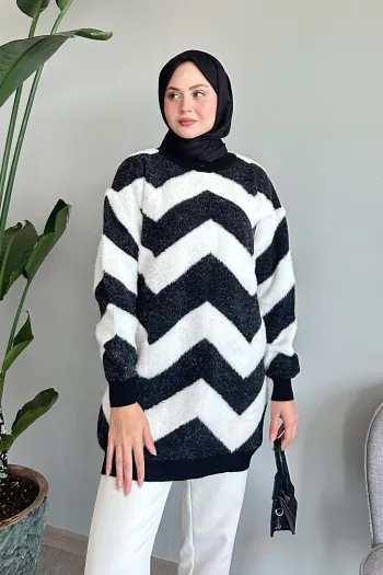 Black Knit Sweater with Faux Leather V Pattern