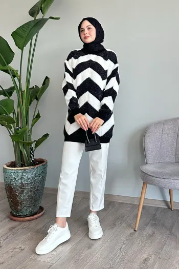 Black Knit Sweater with Faux Leather V Pattern