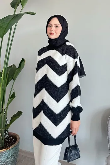 Black Knit Sweater with Faux Leather V Pattern
