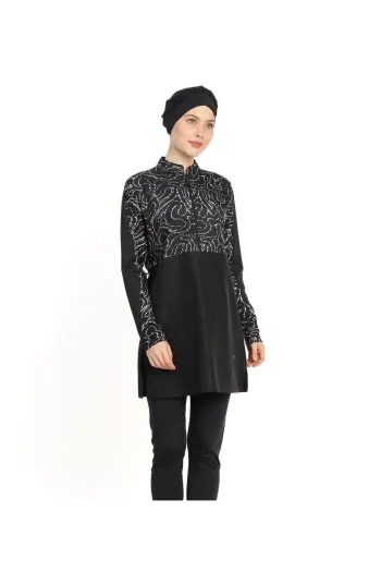  4-Piece Zippered Patterned Black Hijab Swimsuit 6203A 