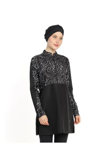  4-Piece Zippered Patterned Black Hijab Swimsuit 6203A 