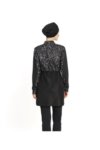 4-Piece Zippered Patterned Black Hijab Swimsuit 6203A 