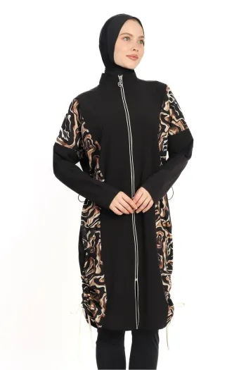  Curvy Pattern Covered 4 Piece Black Hijab Swimsuit 6218A 