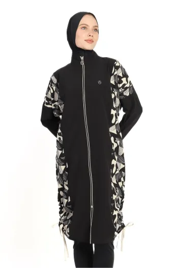  Mixed Pattern Covered 4 Piece Black Hijab Swimsuit 6219A 