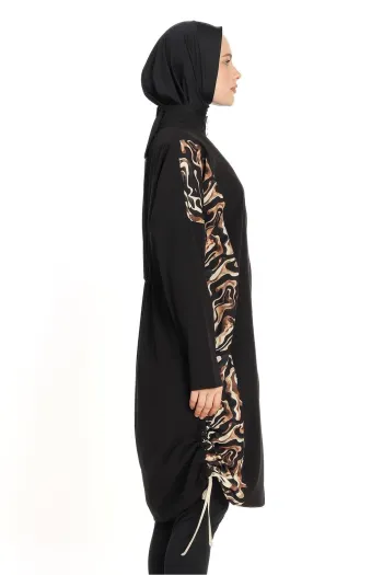  Curvy Pattern Covered 4 Piece Black Hijab Swimsuit 6218A 