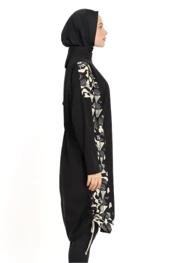 Mixed Pattern Covered 4 Piece Black Hijab Swimsuit 6219A 