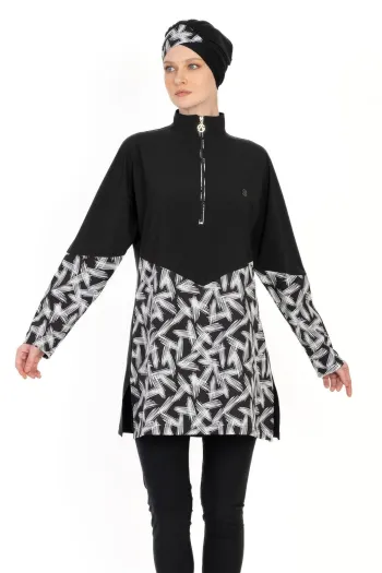 Brush Pattern 4-Piece Black Hijab Swimsuit 6066A 