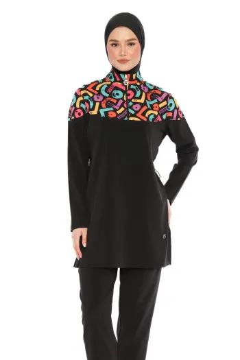  Colorful Collar 4-Piece Black Hijab Swimsuit 6224A 