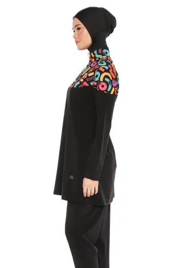  Colorful Collar 4-Piece Black Hijab Swimsuit 6224A 
