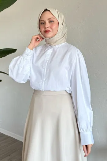  Balloon Sleeve Casual White Shirt 