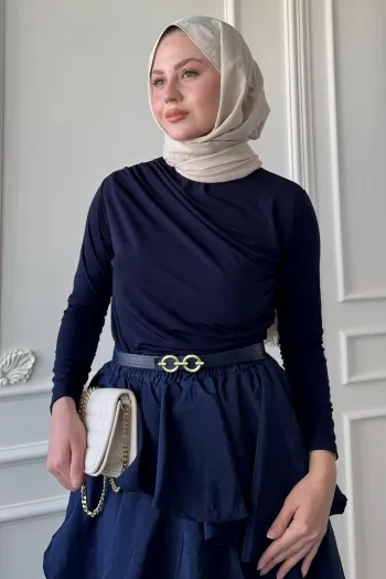 Navy Blue Pleated Blouse