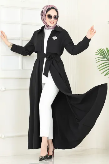 Hidden Zippered Topcoat Abaya Black
