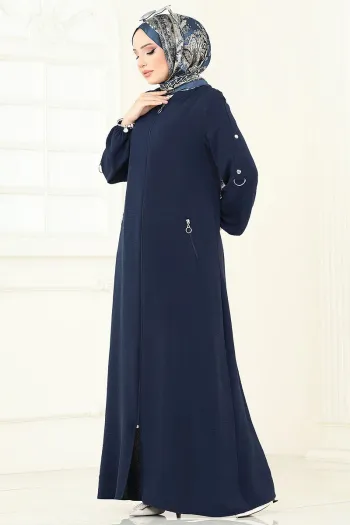 Front Zippered Topcoat Abaya Dark Navy