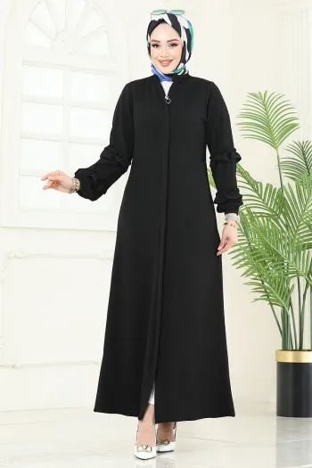 Frilled Sleeves Topcoat Abaya Black