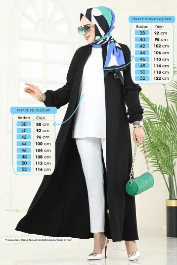 Frilled Sleeves Topcoat Abaya Black