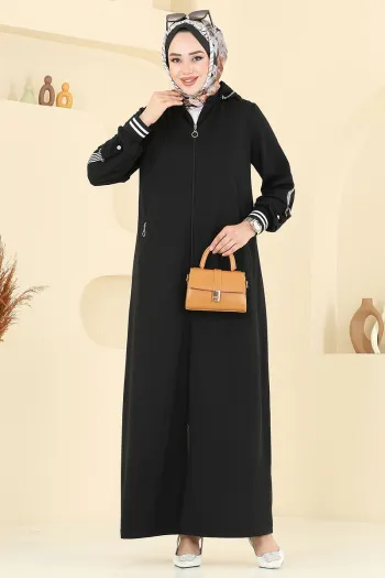 Hooded Garni Detail Topcoat Abaya Black