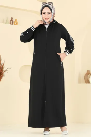 Hooded Garni Detail Topcoat Abaya Black